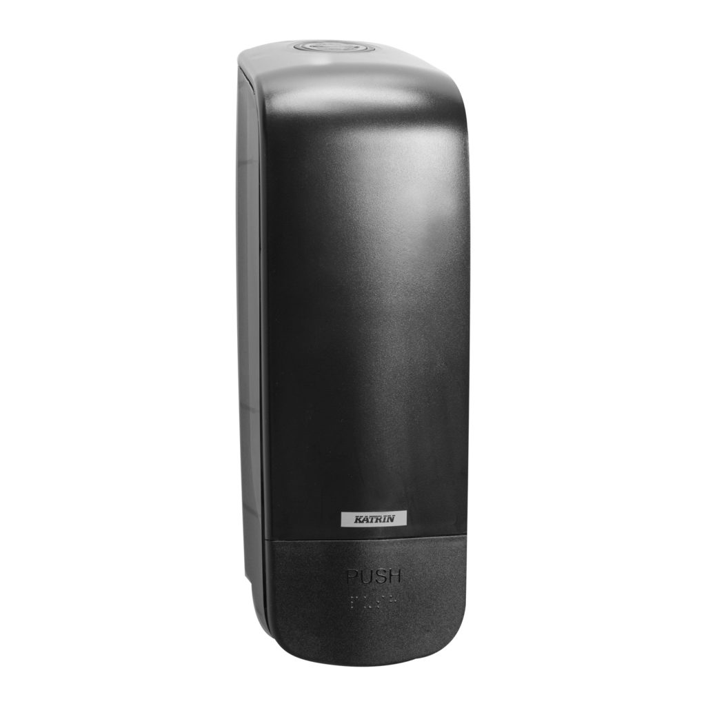 Black Katrin soap dispenser for professional hygiene use in commercial restrooms