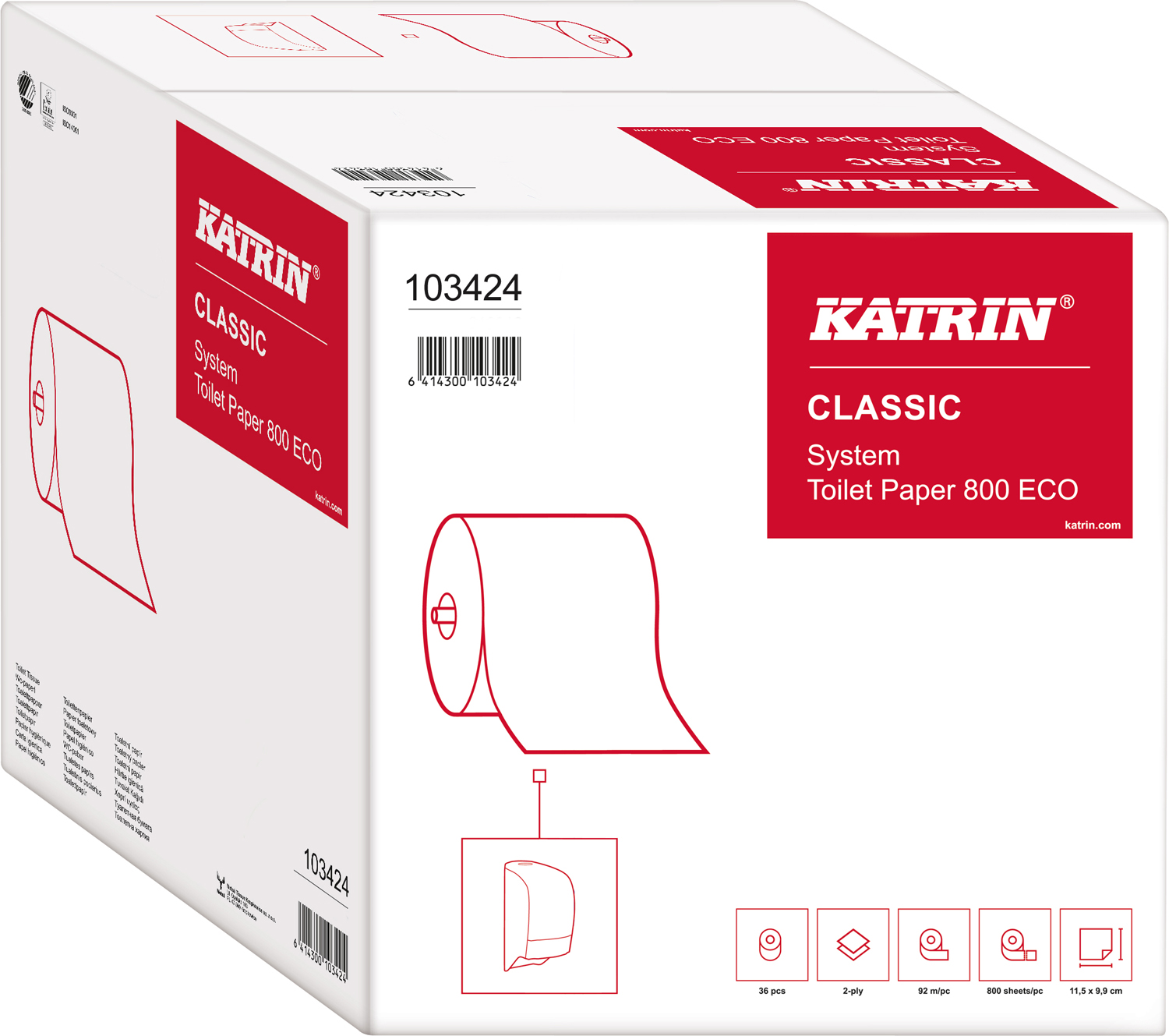 Box of 36 soft and tear-resistant Katrin toilet rolls for high-traffic areas