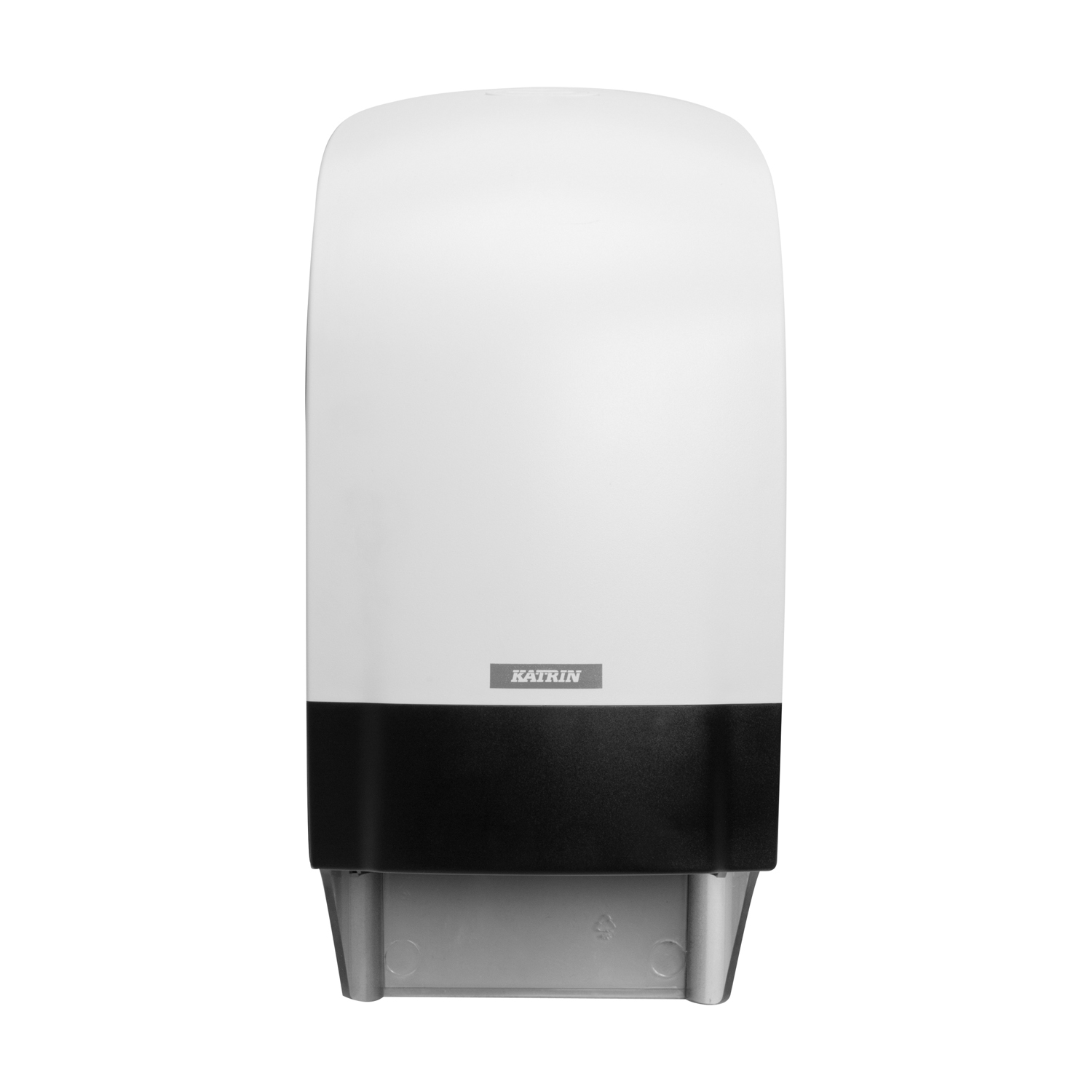 White Katrin System toilet roll dispenser with dual roll capacity and zero waste drop system