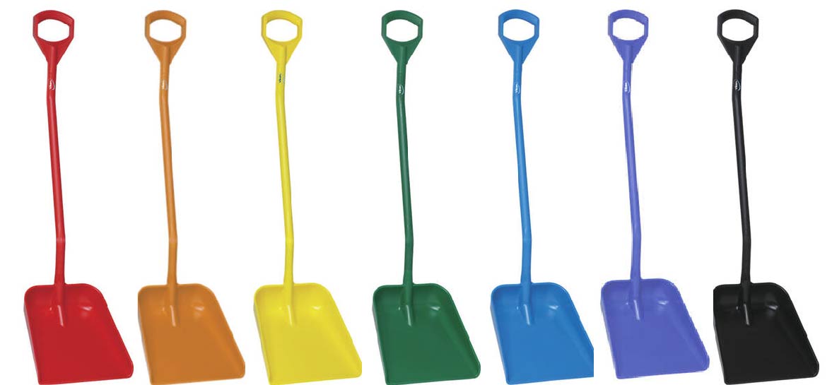 Overzicht van Vikan schoppen in verschillende kleuren en maten