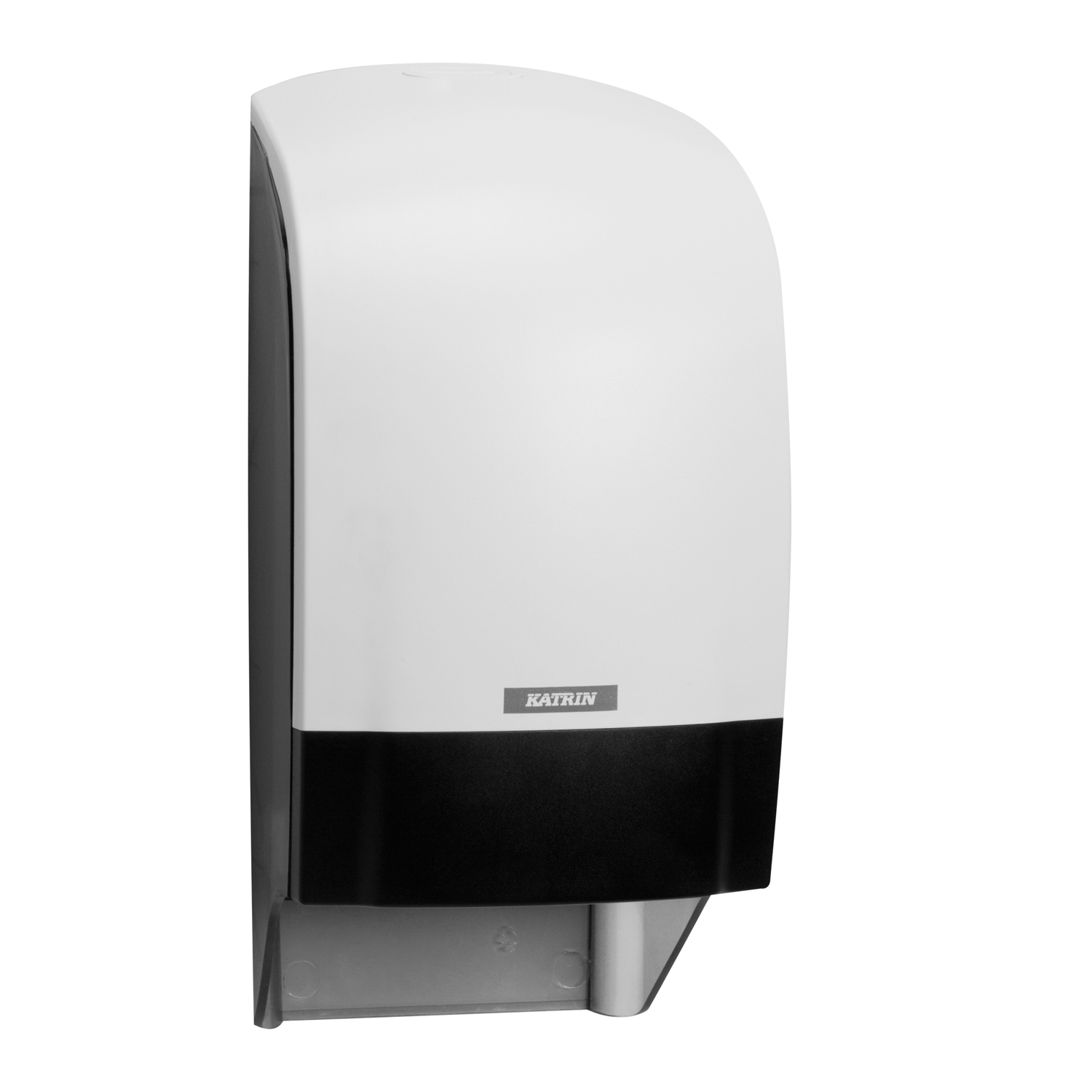 White Katrin System toilet roll dispenser with dual roll capacity and zero waste drop system side